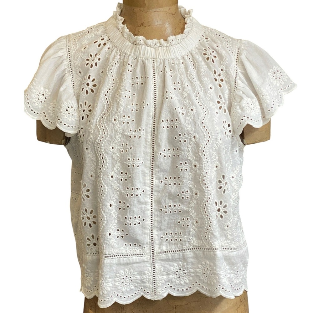 Jennifer & Grace White Flutter Sleeve Ruffle Neck Button Back Top L #299J
